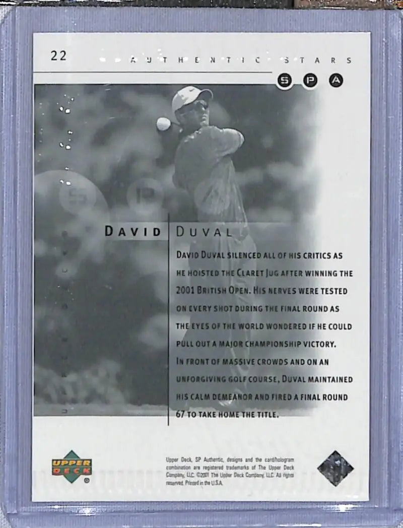 Black and white golf trading card of David Duval mid-swing from Upper Deck SP Authentic