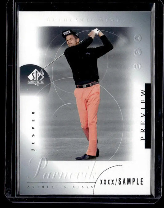 Trading card of Jesper Parnevik in black sweater and coral pants from Upper Deck Authentic Preview