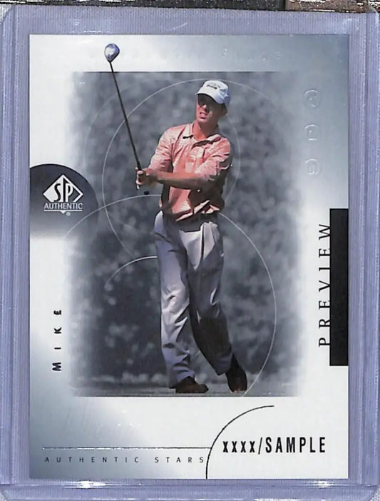 Golf trading card of Mike Weir mid-swing in a pink shirt, 2001 Upper Deck SP Authentic