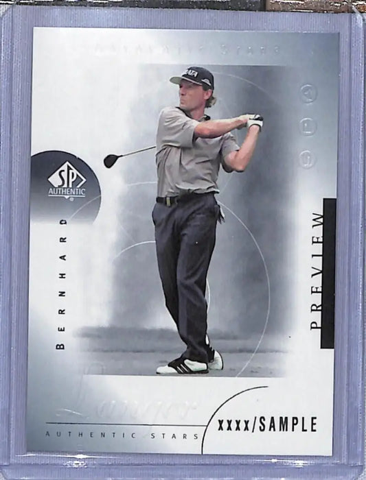 Bernhard Langer mid-swing in grey on 2001 Upper Deck SP Authentic golf card