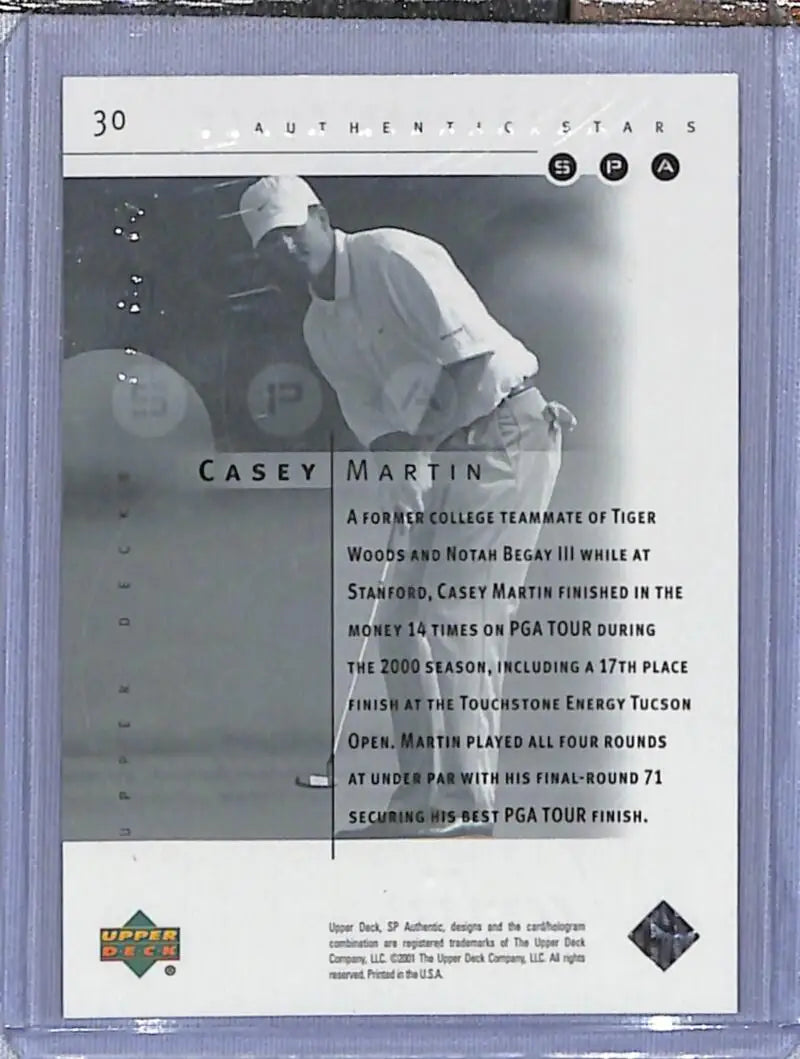 Black and white 2001 Upper Deck SP Authentic Preview card of Casey Martin mid-swing