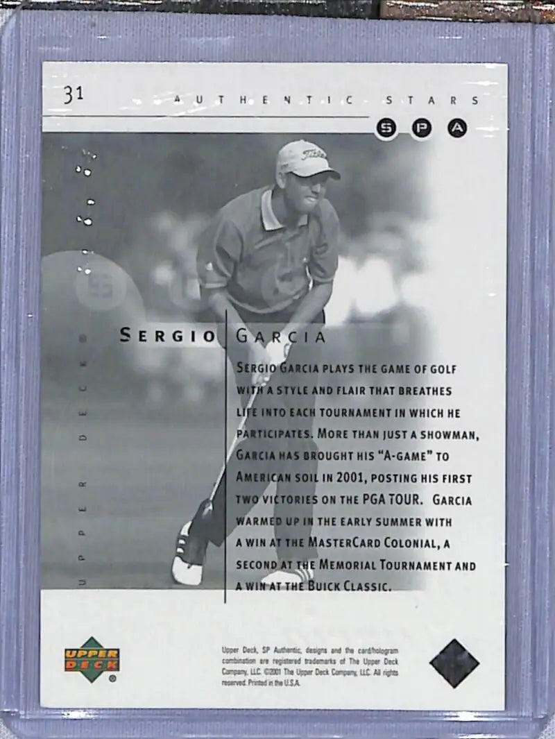Black and white golf card of Sergio Garcia in mid-swing from Upper Deck SP Authentic