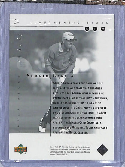 Black and white golf card of Sergio Garcia in mid-swing from Upper Deck SP Authentic