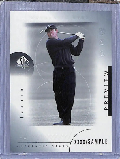 Justin Leonard mid-swing on 2001 Upper Deck SP Authentic Golf Trading Card
