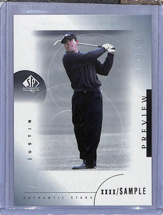 Justin Leonard mid-swing on 2001 Upper Deck SP Authentic Golf Trading Card
