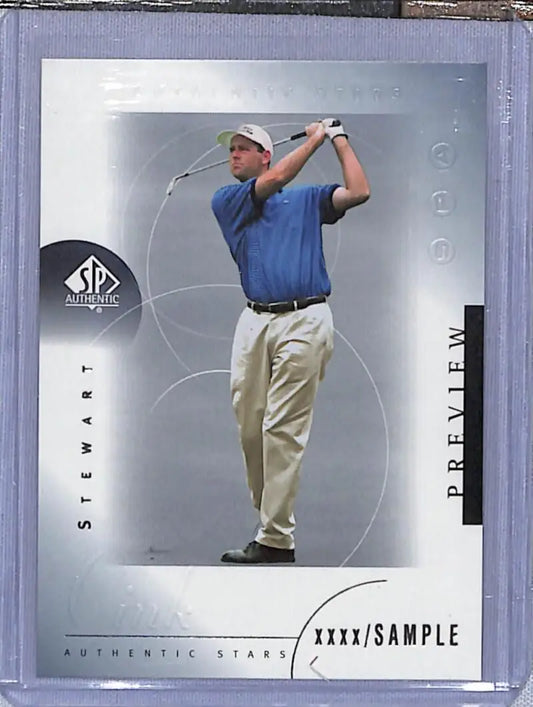 Golf trading card of Stewart Cink mid-swing in blue polo, 2001 Upper Deck SP Authentic