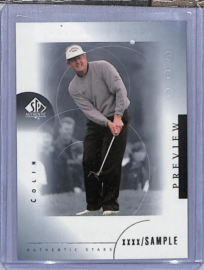 Golf trading card of Colin Montgomerie in gray sweatshirt ready to putt, Deck SP Authentic