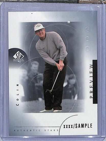 Golf trading card of Colin Montgomerie in gray sweatshirt ready to putt, Deck SP Authentic