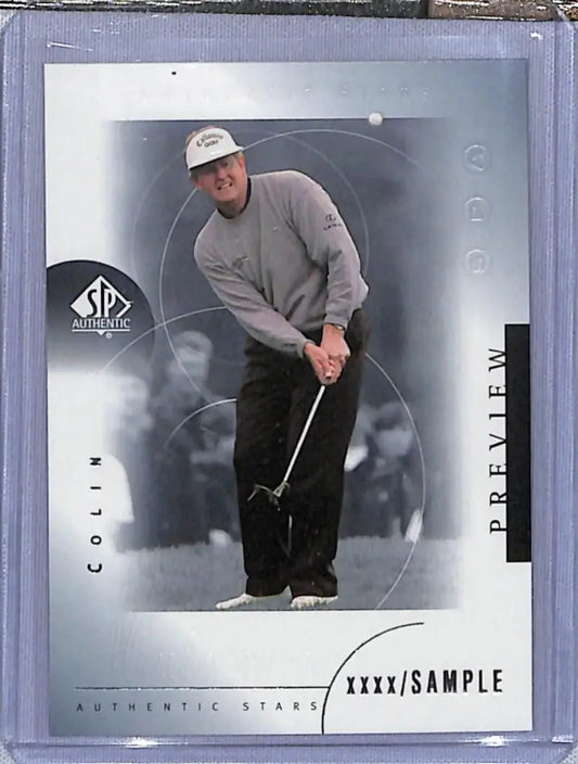 Golf trading card of Colin Montgomerie in gray sweatshirt ready to putt, Deck SP Authentic