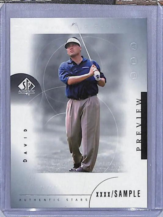 Golf trading card of David Berganio mid-swing in navy blue and gray, Upper Deck SP Authentic