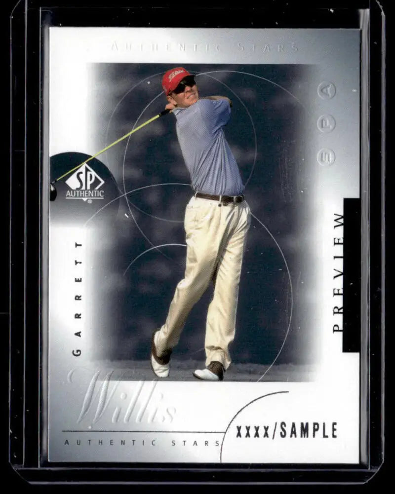 Garrett Willis mid-swing in khaki pants and red cap on 2001 Upper Deck SP Authentic Golf Card