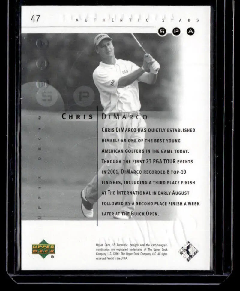 Black and white baseball trading card of Chris DiMarco in batting stance, Upper Deck Authentic Preview