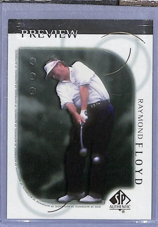Raymond Floyd mid-swing on a dark background in 2001 Upper Deck SP Authentic golf card