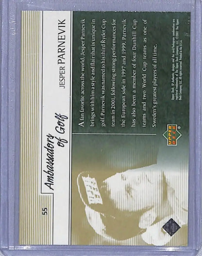Baseball trading card in a clear case featuring Jesper Parnevik Upper Deck Golf Card