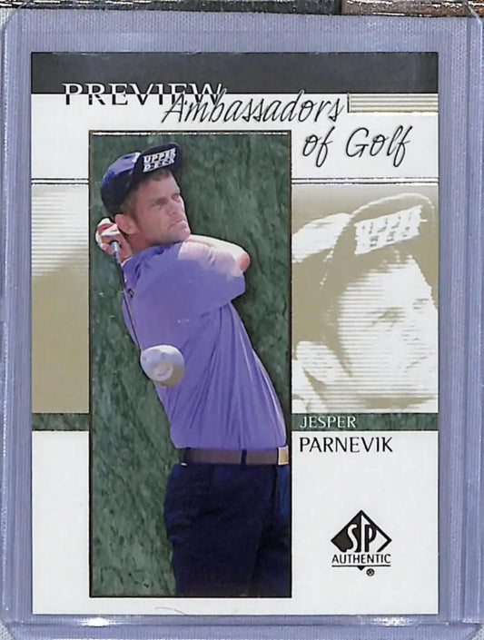 Trading card of Jesper Parnevik in a purple shirt mid-swing from Upper Deck