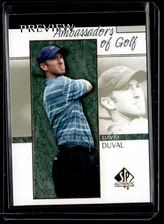 David Duval golf card in blue striped shirt mid-swing, 2001 Upper Deck SP Authentic