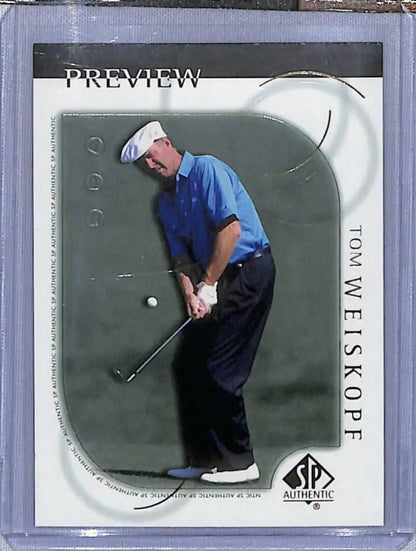 Golf trading card of Tom Weiskopf in blue shirt mid-swing from Upper Deck SP Authentic