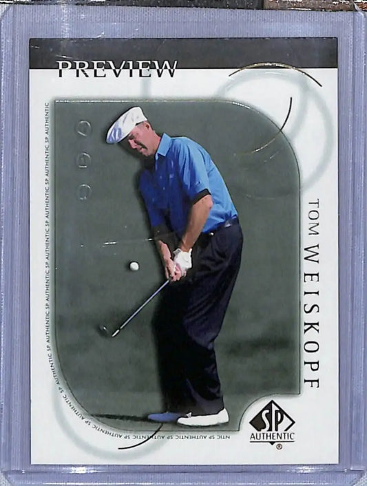 Golf trading card of Tom Weiskopf in blue shirt mid-swing from Upper Deck SP Authentic