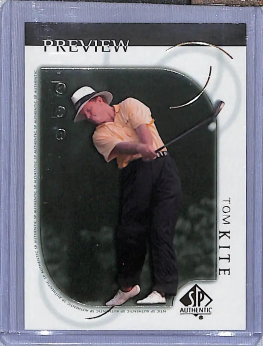 Tom Kite mid-swing in pink shirt, black pants on 2001 Upper Deck SP Authentic golf card