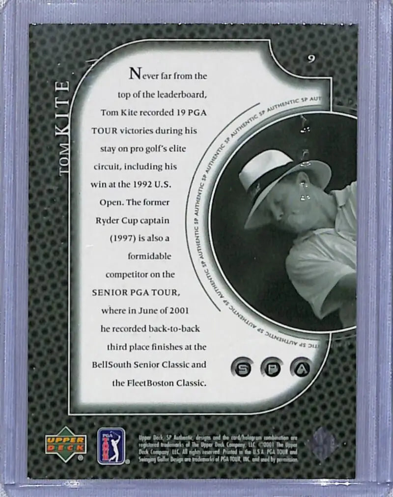 Golf card featuring Tom Kite on a textured background from 2001 Upper Deck SP Authentic