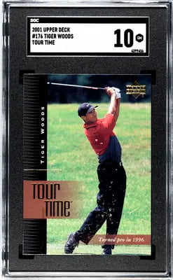 A graded 2001 Upper Deck Tiger Woods Tour Time golf card rated 10 GM