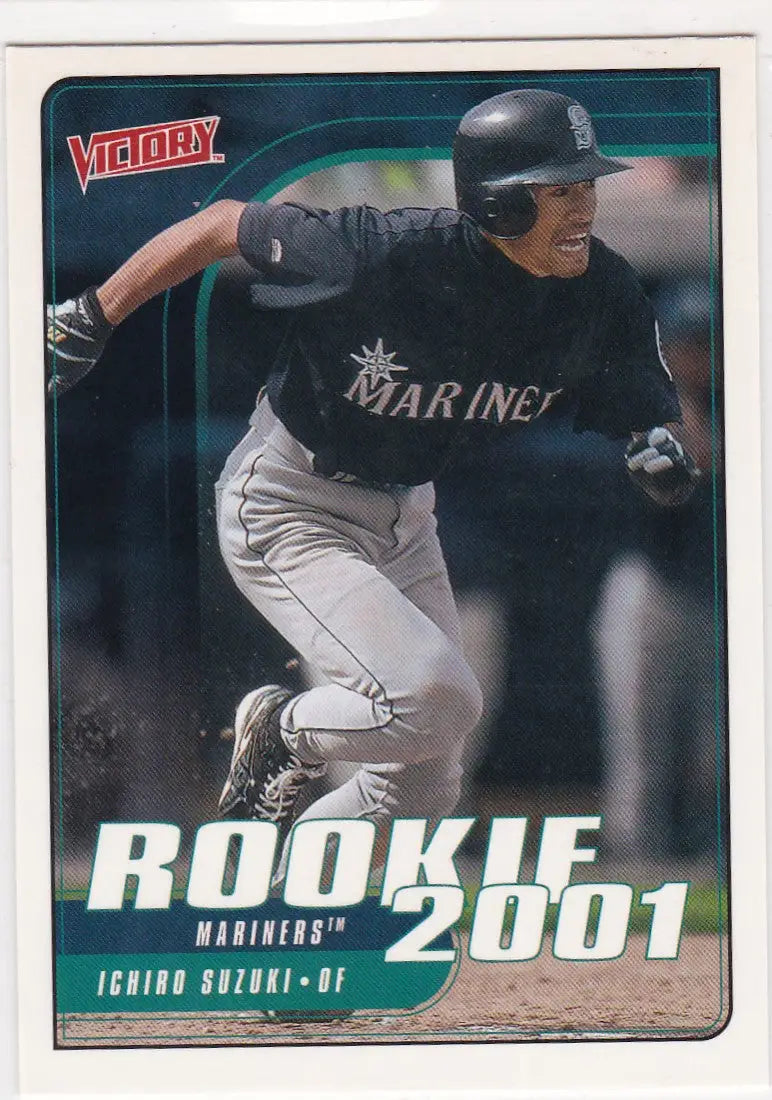 Baseball card of Ichiro Suzuki RC Rookie in a batting stance for Upper Deck Victory