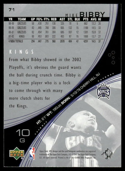 Back of a 2002-03 Upper Deck Mike Bibby basketball card with stats and bio