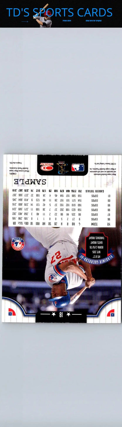Baseball card back featuring Vladimir Guerrero from 2002 Donruss #18 collectible card