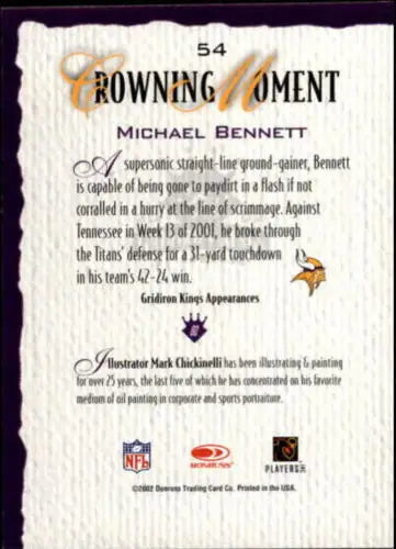 Michael Bennett 2002 Donruss Gridiron Kings trading card in Near Mint condition