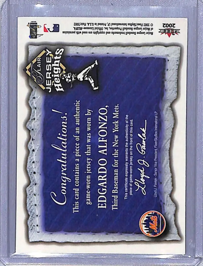 Baseball card featuring a blue congratulatory message and New York Mets logo for Edgardo Alfonzo
