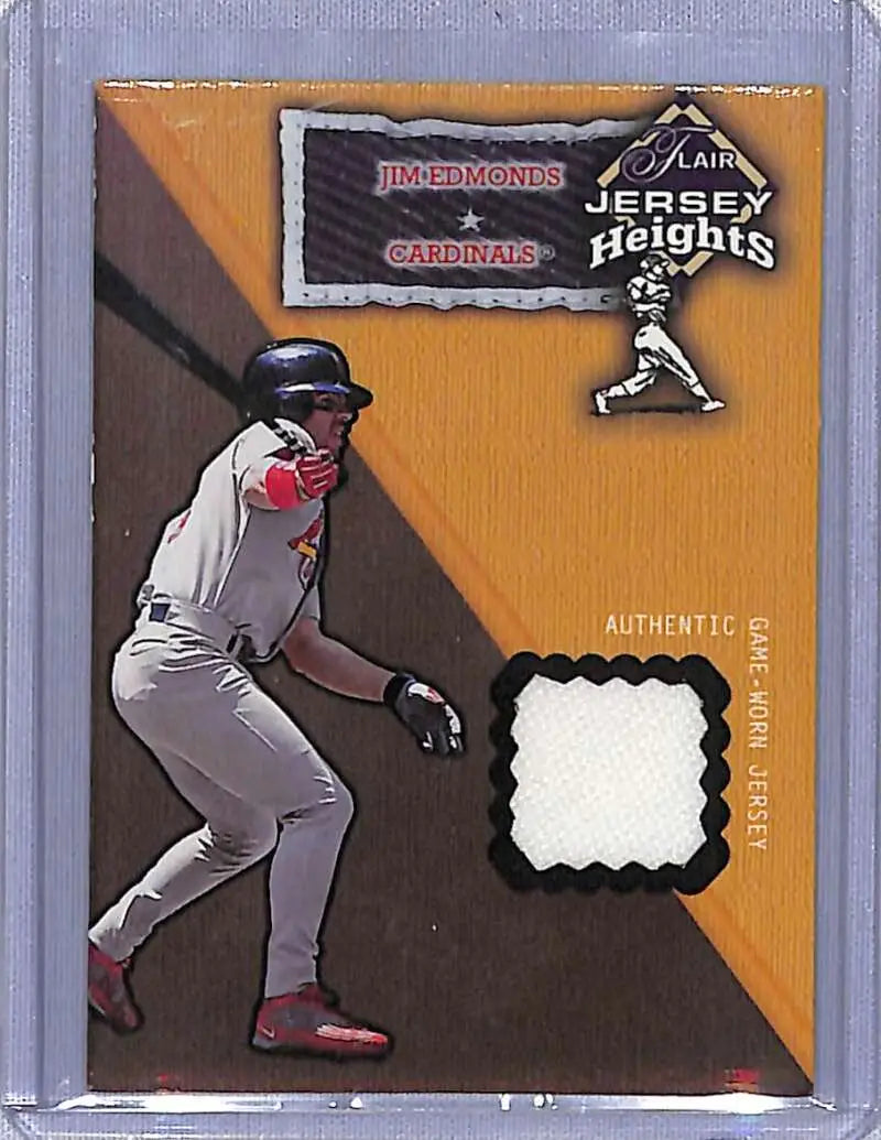 Baseball card of Jim Edmonds featuring a white jersey patch from 2002 Flair NNO edition