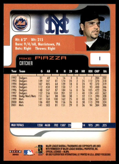 Baseball card of Mike Piazza showcasing career stats with Mets and Dodgers, Fleer Focus Jersey Edition