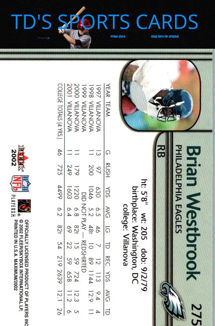 Brian Westbrook Fleer Maximum trading card from 2002, number 275/3500
