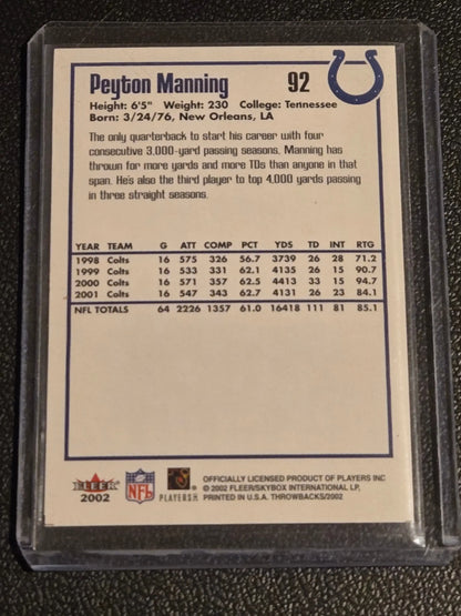 2002 Fleer Throwbacks Peyton Manning football card from Fleer Skybox International LP