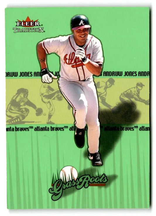 Baseball card featuring Andruw Jones from 2002 Fleer Tradition Update Grass Roots