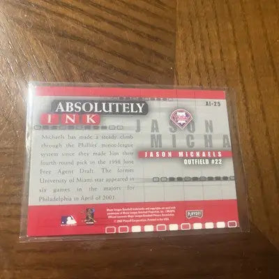 Baseball trading card in plastic sleeve from 2002 Playoff Absolute Memorabilia Absolutely Ink Jason Michaels AI-25