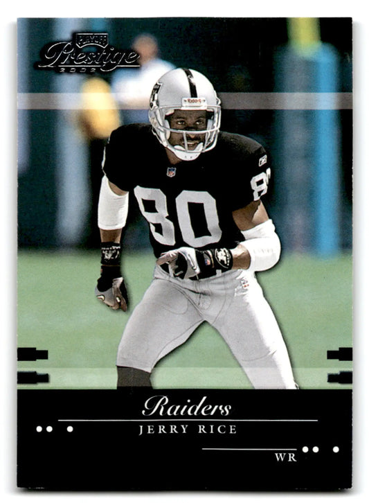 Football prestige Jerry Rice card from 2002 Playoff Football Prestige collection featuring Raiders uniform