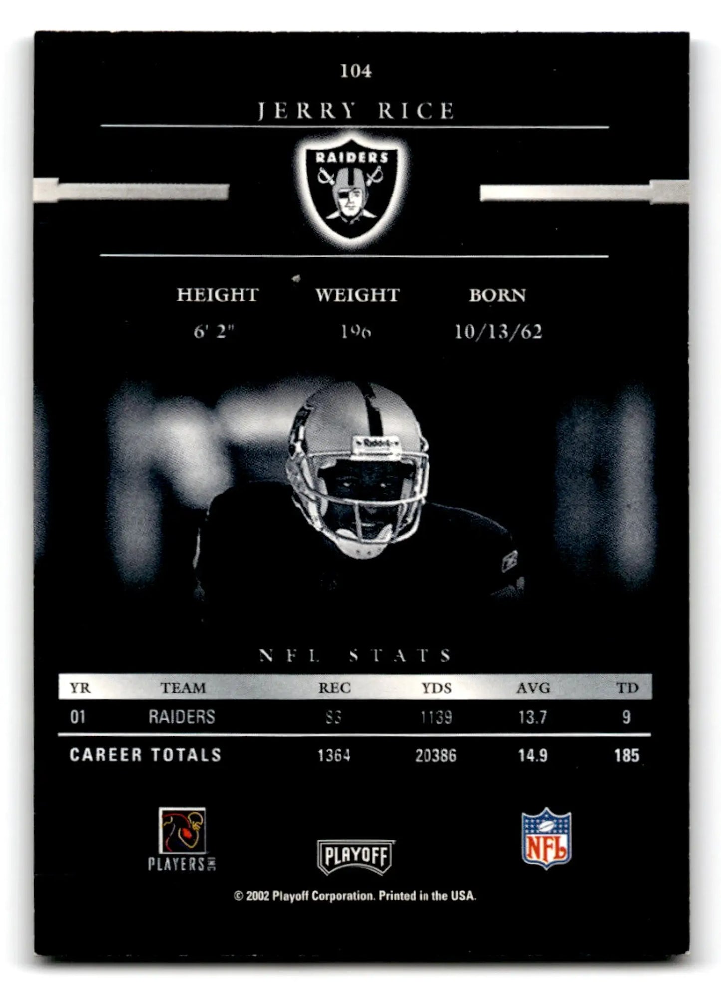 Black and white football trading card of Jerry Rice from 2002 Playoff Football Prestige featuring stats and details