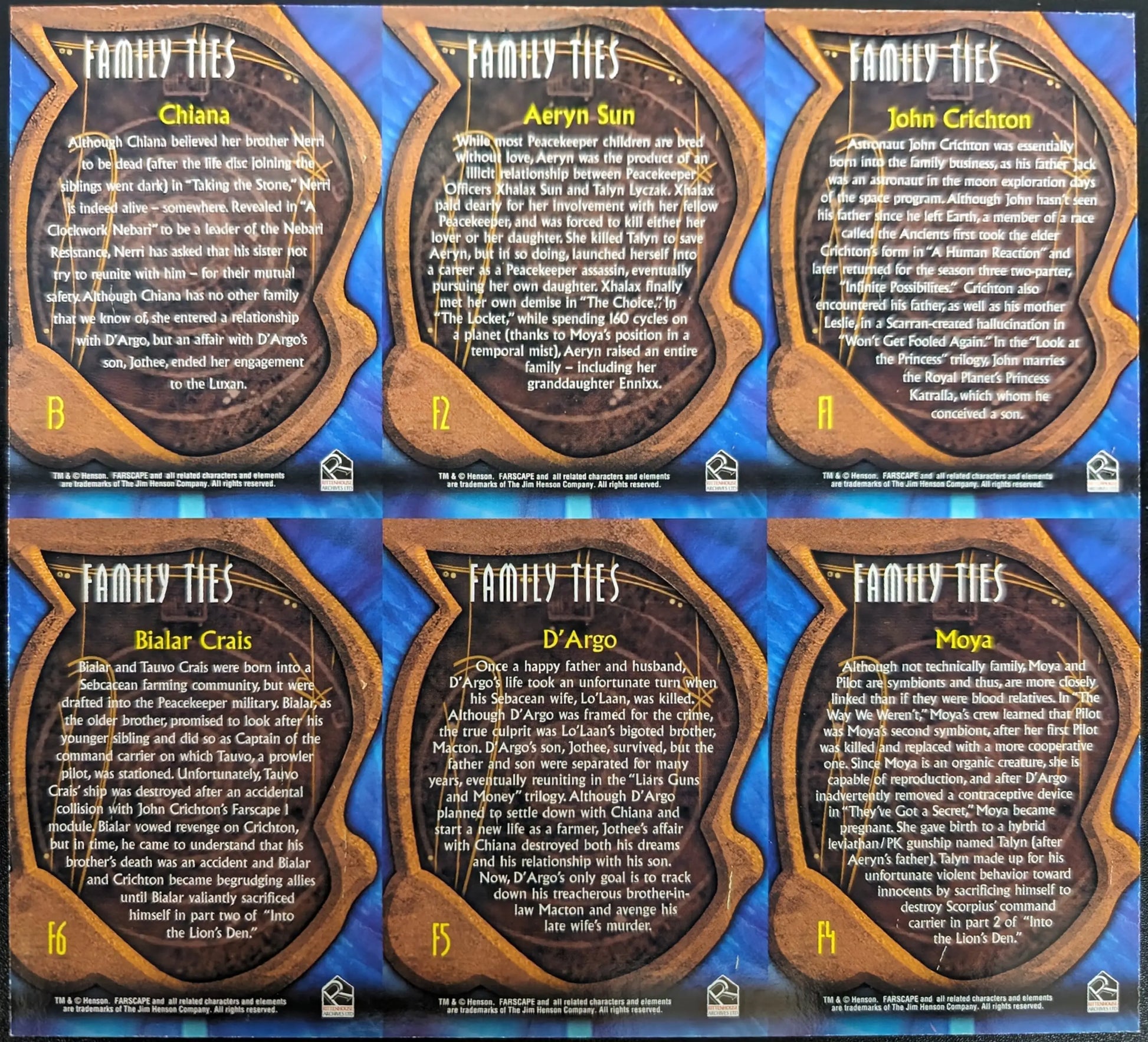Collection of six Family Ties foil chase cards on an uncut sheet for Farscape fans