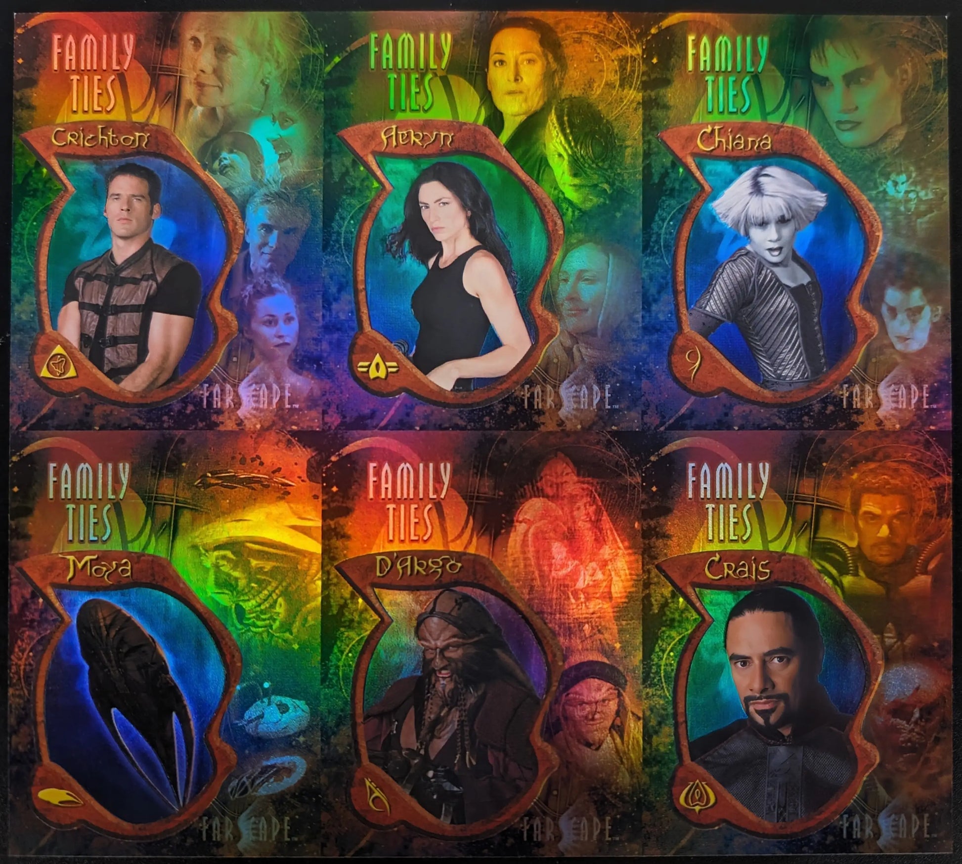 Collection of Family Ties foil chase cards on uncut sheet from 2002 Rittenhouse Farscape