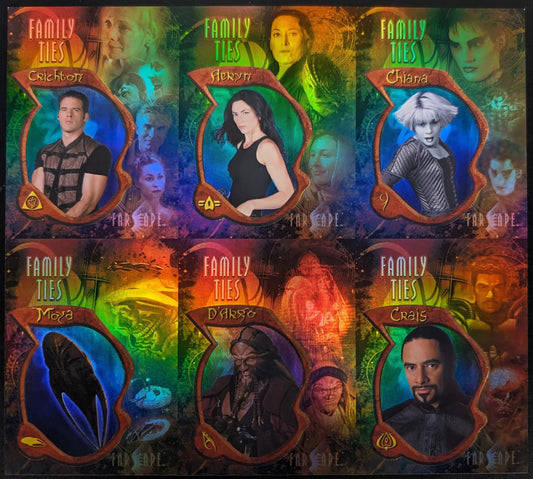 Collection of Family Ties foil chase cards on uncut sheet from 2002 Rittenhouse Farscape