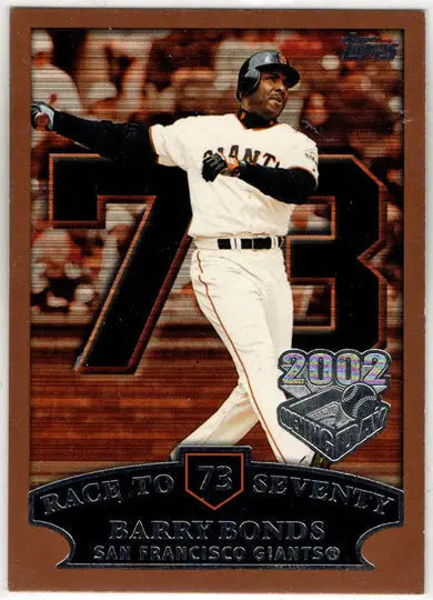 Barry Bonds baseball card from 2002 Topps Opening Day Race To Seventy insert card