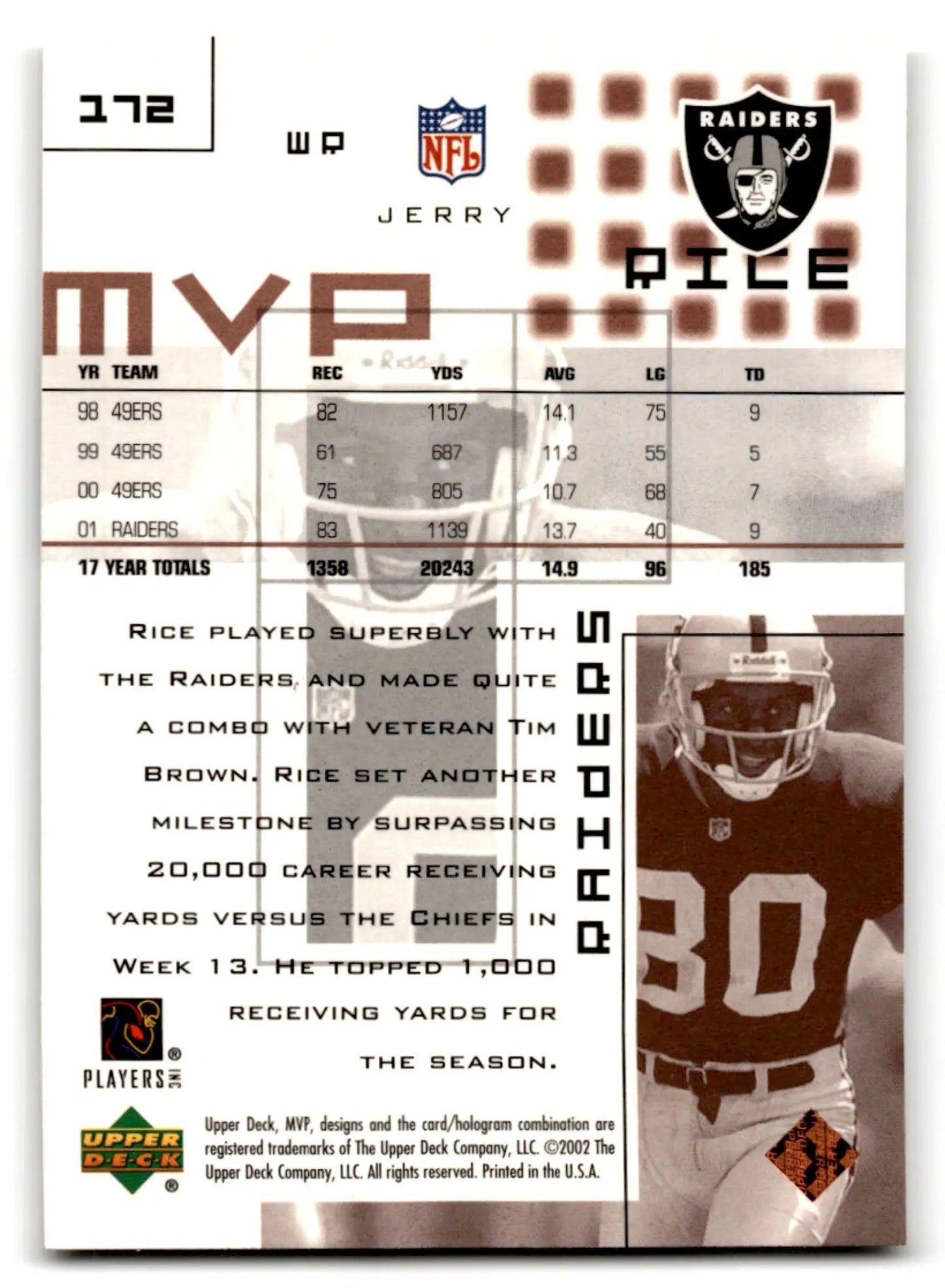 Jerry Rice football trading card from 2002 Upper Deck Football MVP series