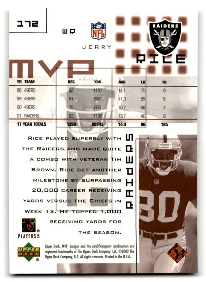 Jerry Rice football trading card from 2002 Upper Deck Football MVP series