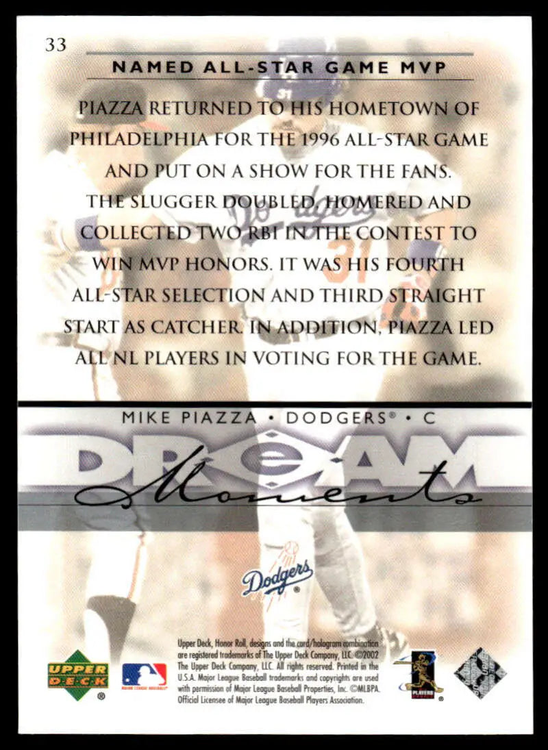 Mike Piazza 2002 Upper Deck Honor Roll Baseball Card with autograph and MVP text