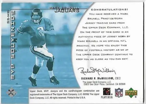 Mark Brunell practice-worn jersey trading card from 2002 Upper Deck MVP Souvenirs series