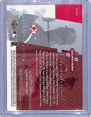 Baseball trading card featuring 2002 Upper Deck Ovation Pedro Martinez in red and gray