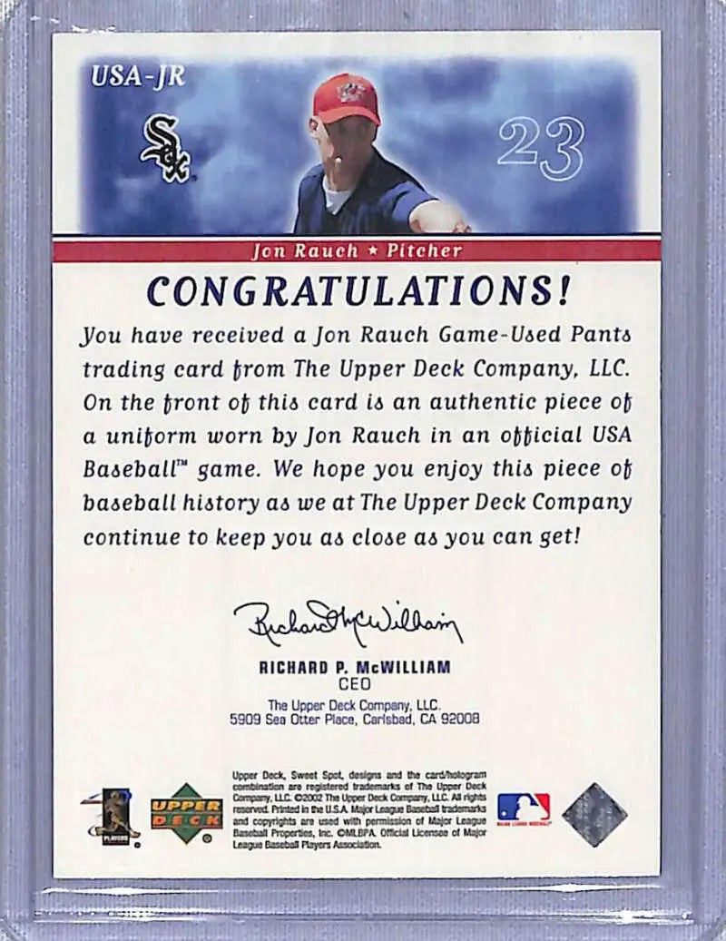 Chicago White Sox Jon Rauch trading card from Upper Deck Sweet Spot featuring game-used pants