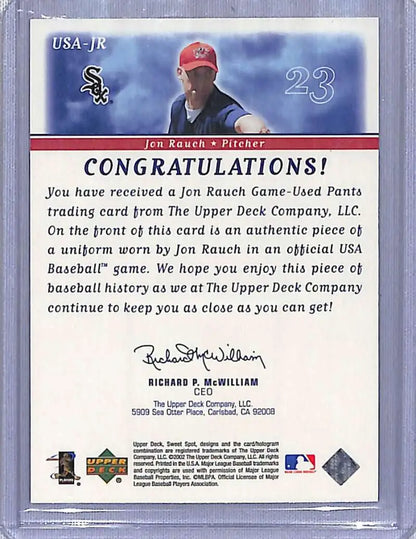 Chicago White Sox Jon Rauch trading card from Upper Deck Sweet Spot featuring game-used pants