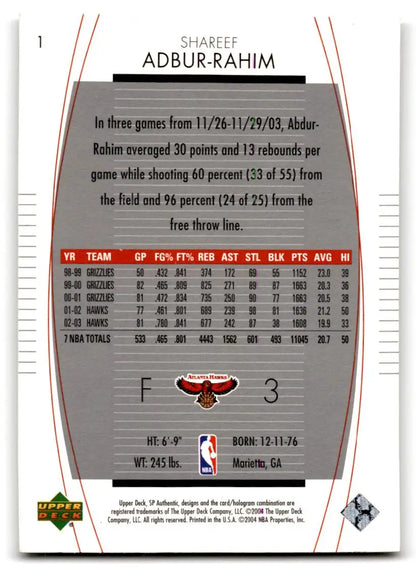2003-04 SP Authentic #1 Shareef Abdur-Rahim - Trading Card
